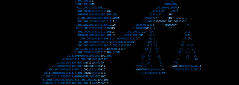 Lady Justice image composed of binary code