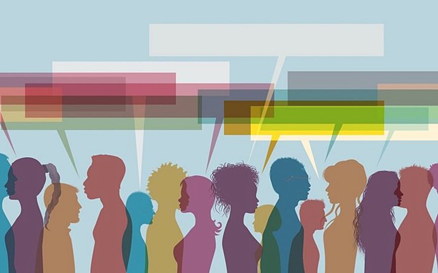 silhouetted figures with speech bubbles above their heads