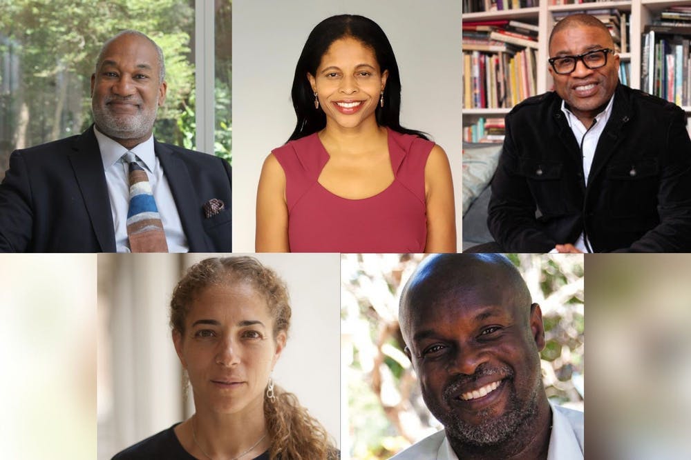 Zoom screenshot of event panelists, Herman Beavers, Natalie Crawford, Guthrie Ramsey, Deborah Thomas, and Tukufu Zuberi