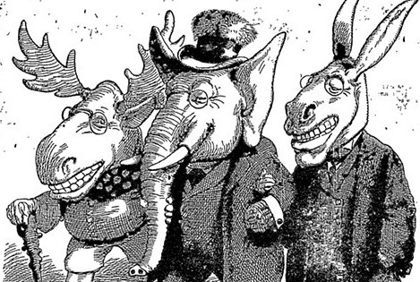 cartoon illustration of three political parties with a moose, elephant and donkey