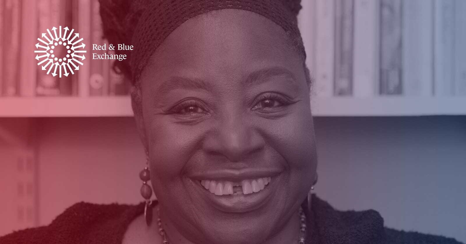 headshot of Loretta Ross with red to blue gradient overlay