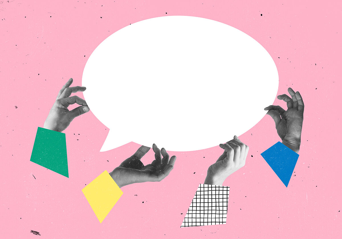 collaged image of several different hands holding a thought bubble