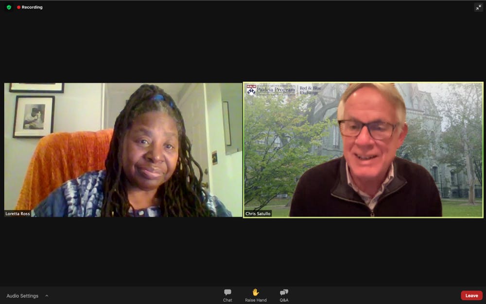 This photo is a screenshot of a Zoom call with Loretta Ross on the left box and Chris Satullo in the right box. Ross is mid speaking in the photo.