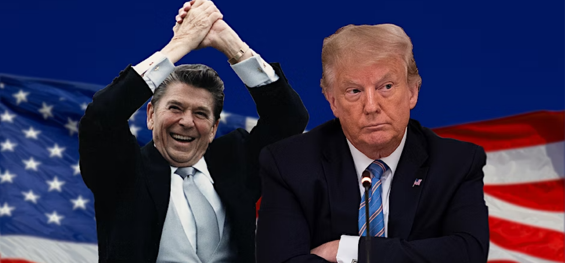 Reagan and Trump in front of American flag