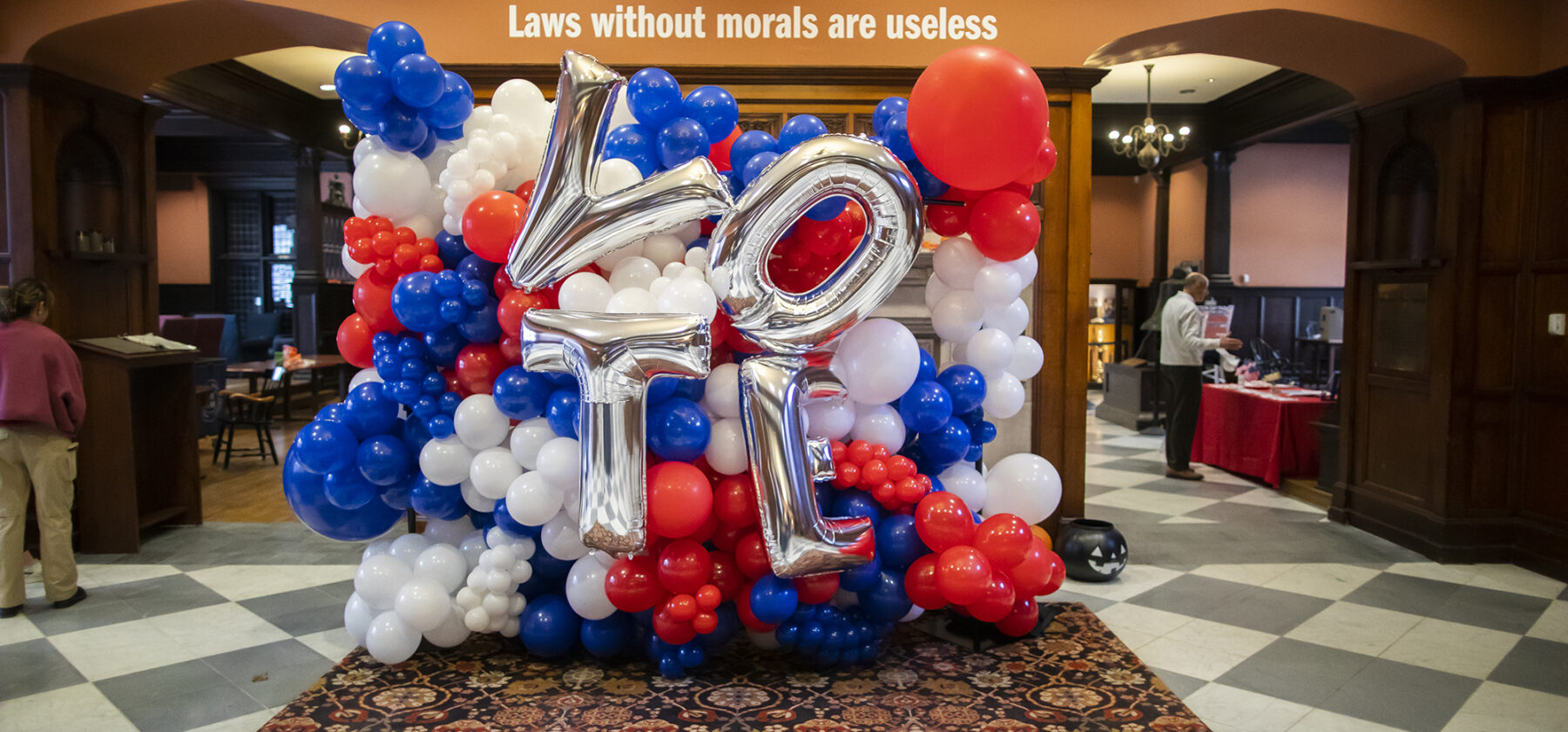 A towering “Vote” balloon arrangement was installed for the big day.