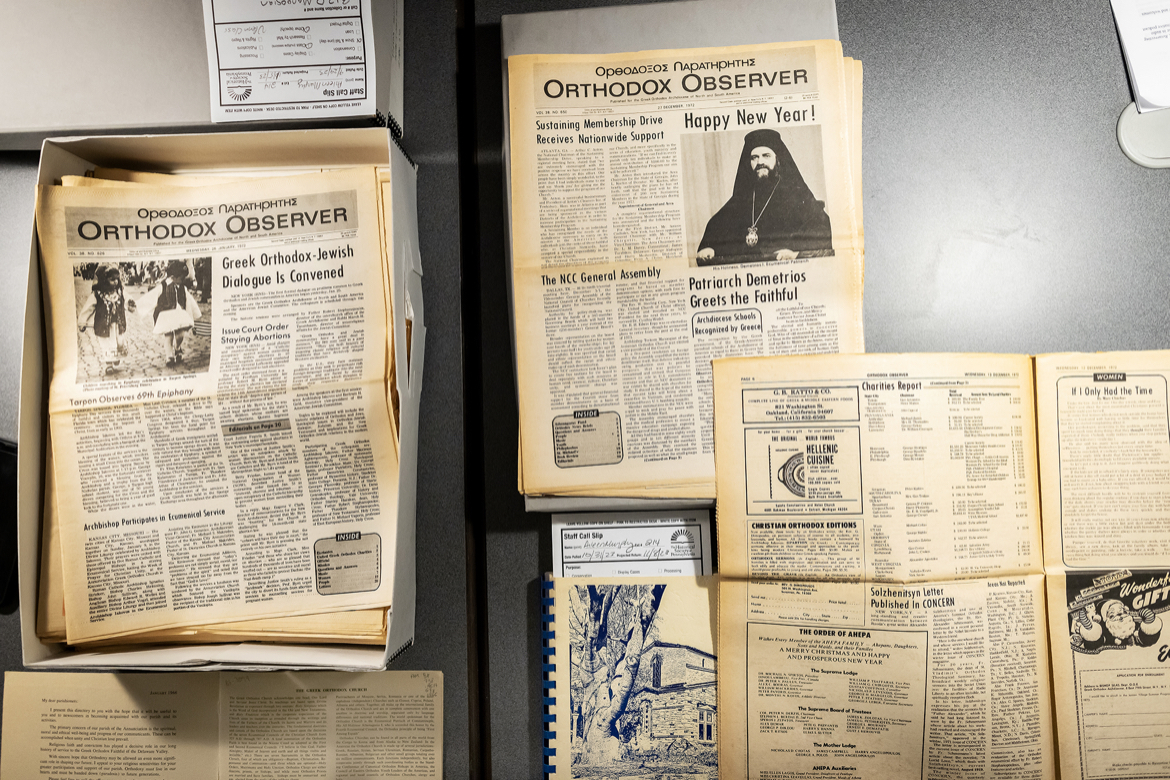 Aged newspaper clippings