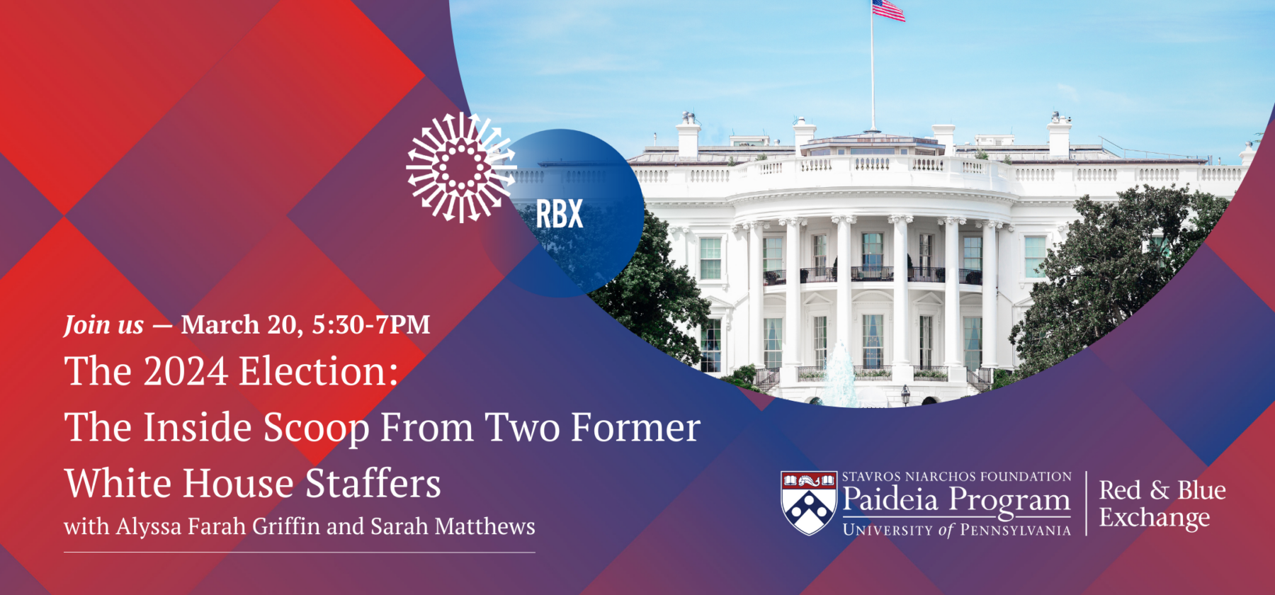 Program banner with event details against a red and blue pattern and image of the White House