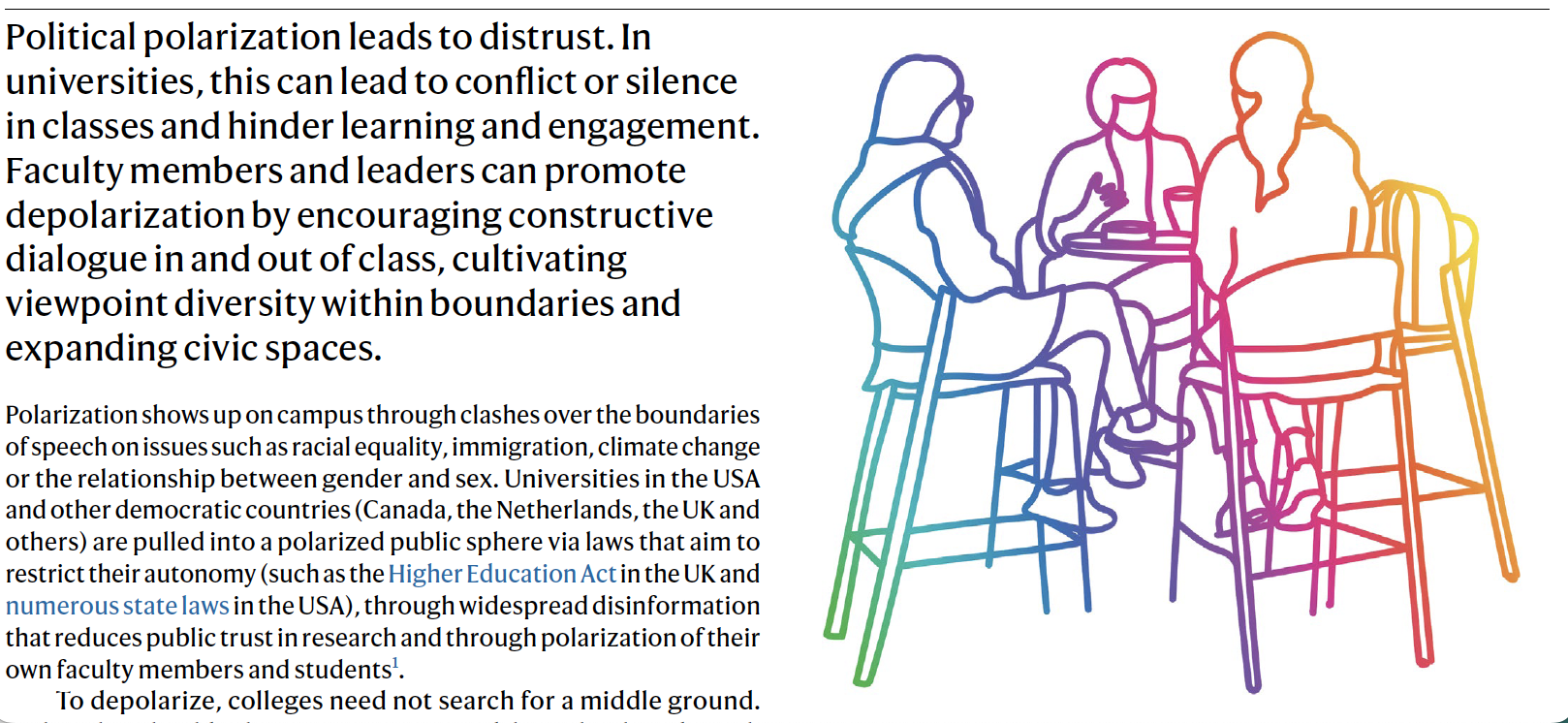 screenshot with text from article alongside a colorful contour drawing of three people sitting around a table