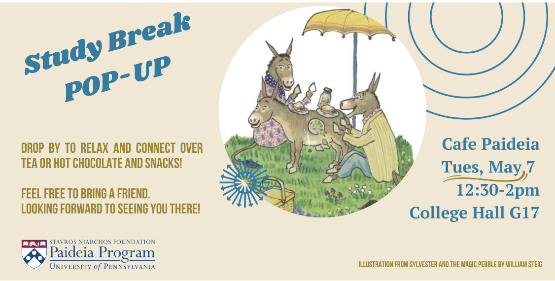Banner image with illustration of three donkeys at a picnic sitting under an umbrella