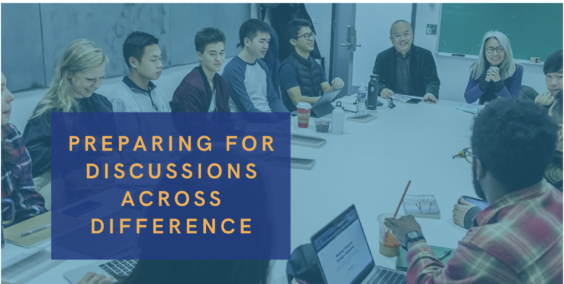 Blue colored photo of students and professors around a table with a blue box with orange text with title of event