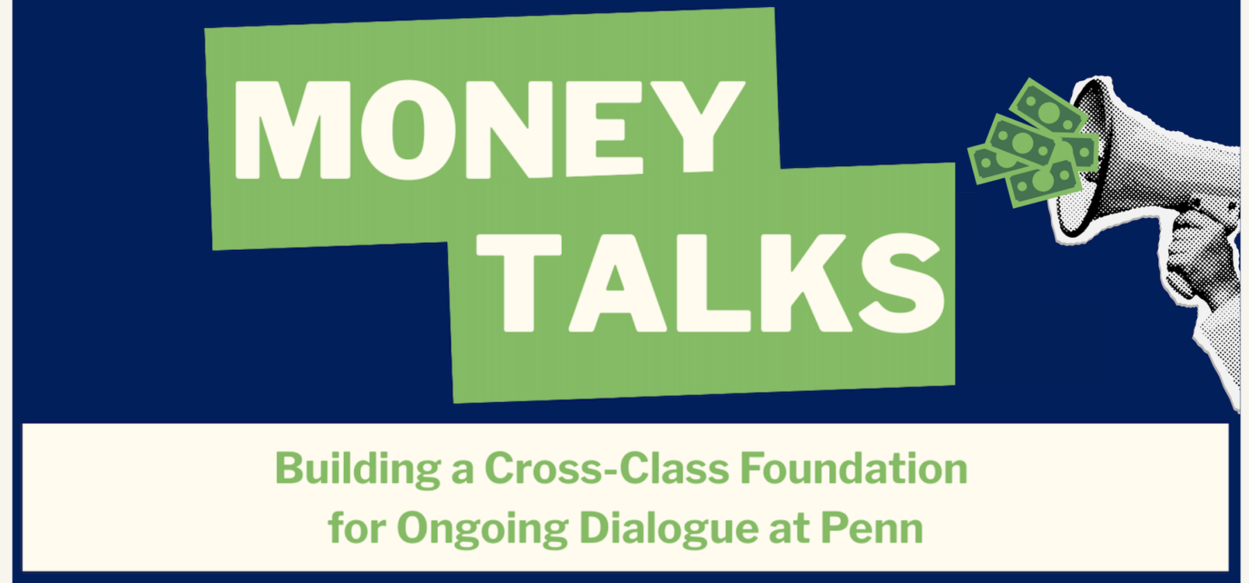 banner image for Money Talks program with green, off-white, and dark blue