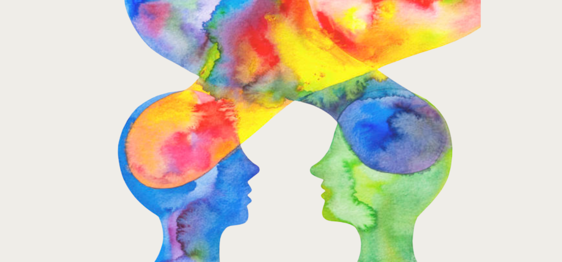 watercolor illustration of two people in profile with colors emanating from their heads