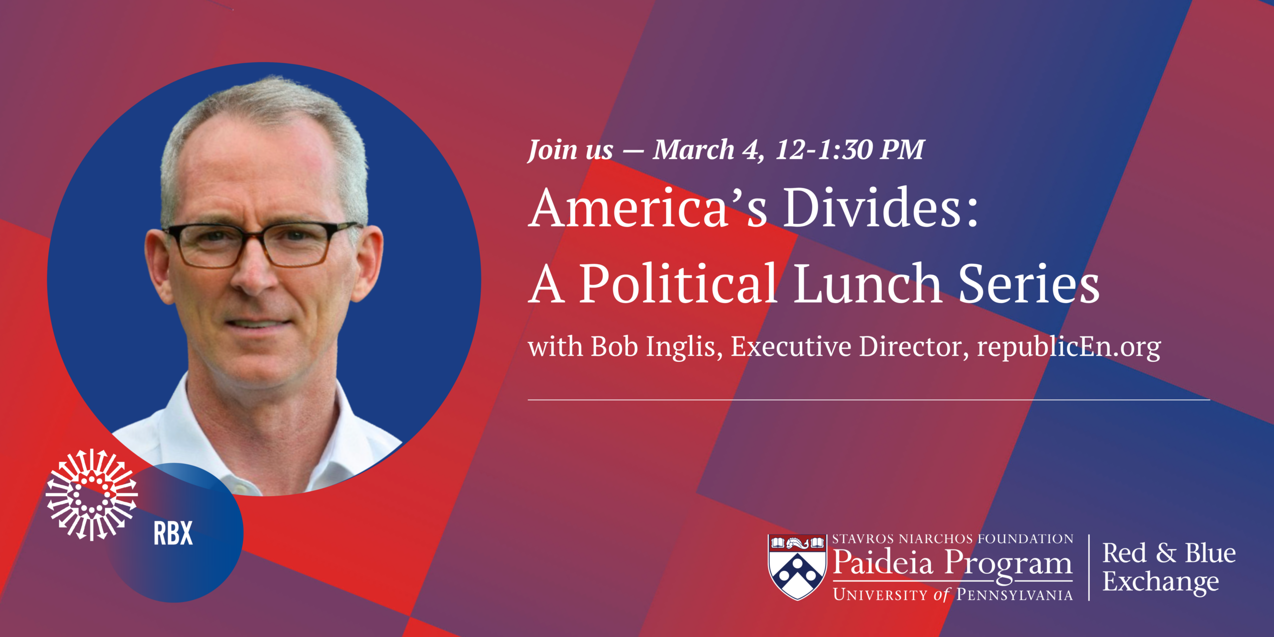 banner image for Red and Blue Exchange event with speaker headshot