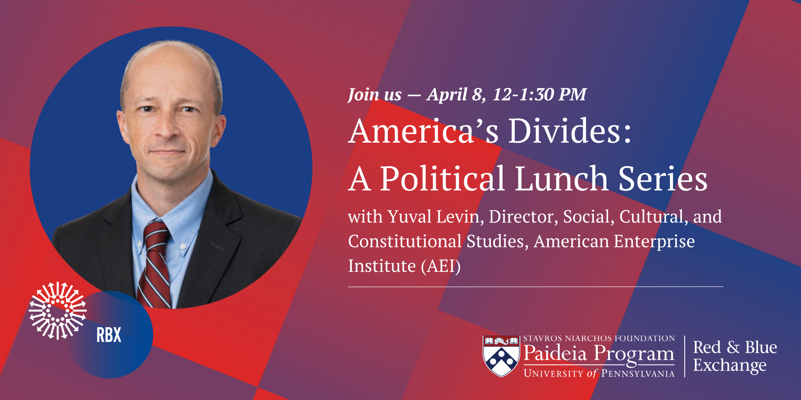 banner image for Red and Blue Exchange event with headshot of speaker