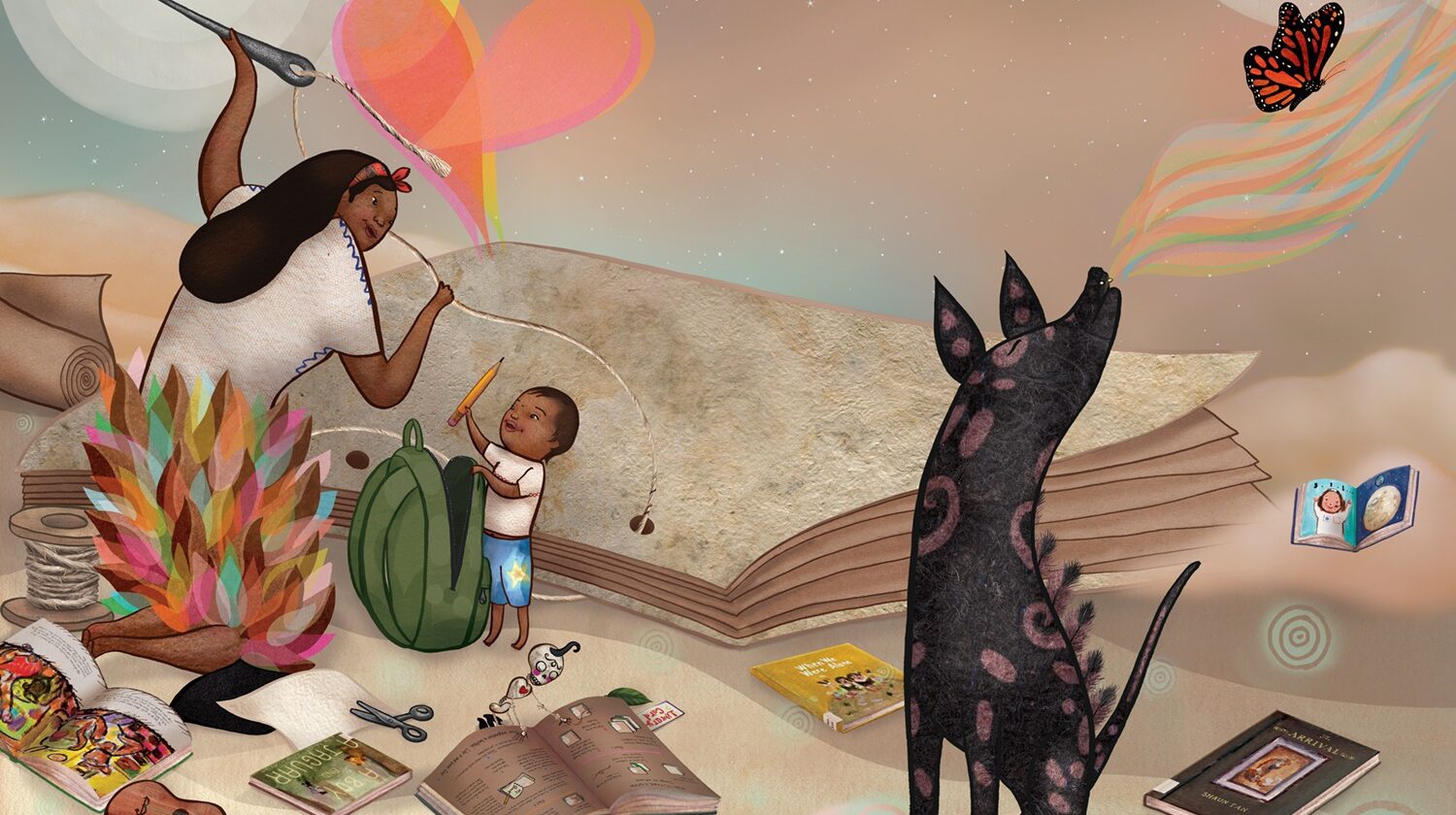 illustration by Yuyi Morales from the book Dreamers, 2018 depicting woman with child putting together a book with colors of sand, oranges, pinks, and browns