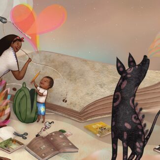 illustration by Yuyi Morales from the book Dreamers, 2018 depicting woman with child putting together a book with colors of sand, oranges, pinks, and browns