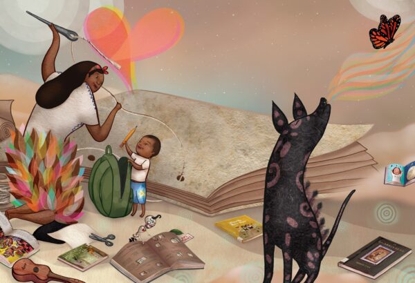 illustration by Yuyi Morales from the book Dreamers, 2018 depicting woman with child putting together a book with colors of sand, oranges, pinks, and browns