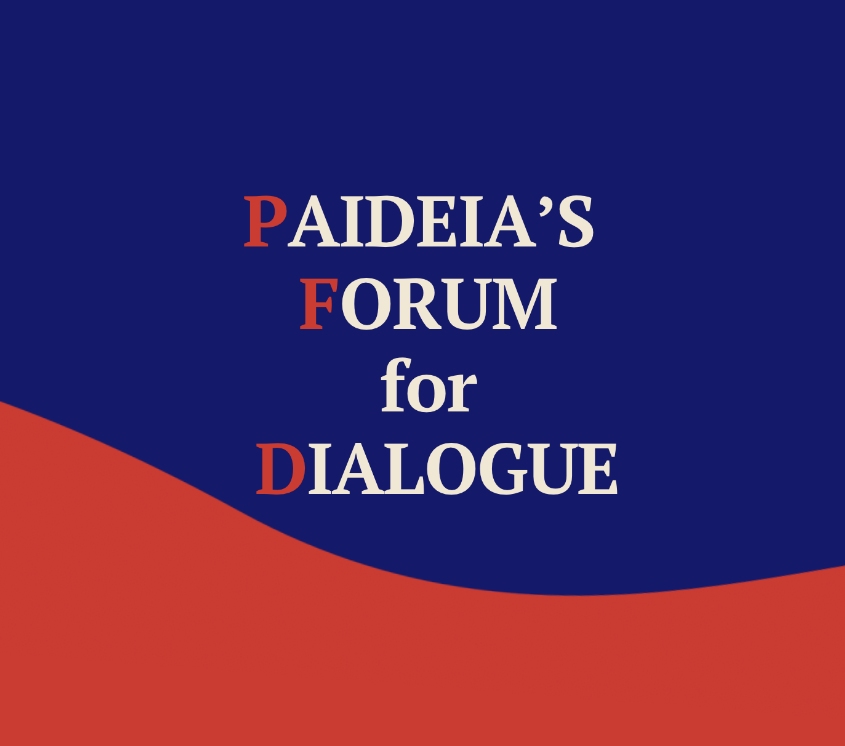 text graphic in red and blue with the words Paideia's Forum for Dialogue