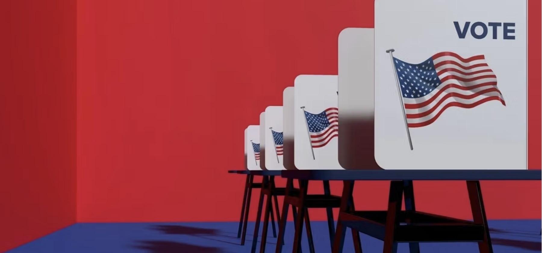 illustrated graphic depicting vote signs in colors of red, white and blue