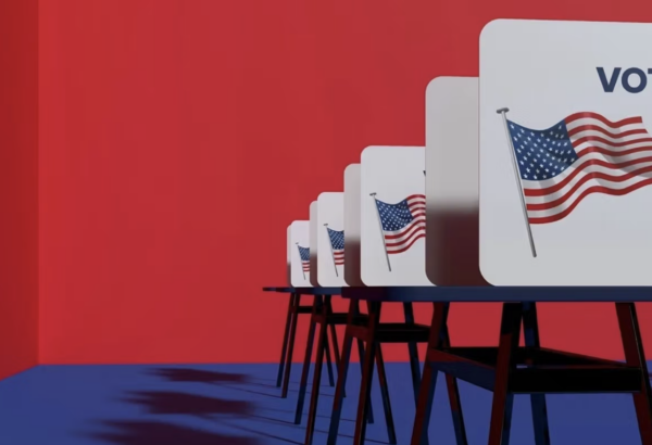 illustrated graphic depicting vote signs in colors of red, white and blue
