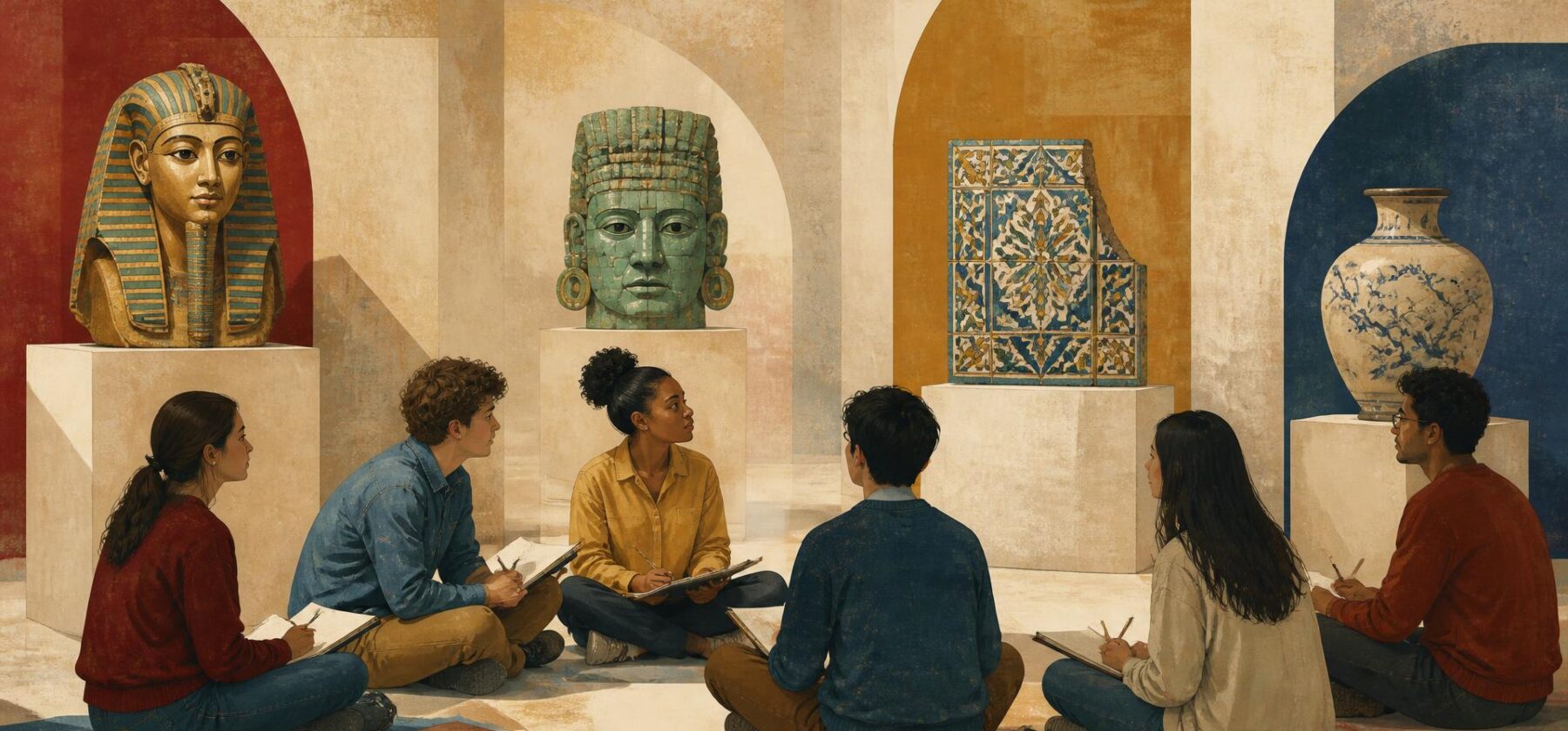 illustration of students sitting in a circle in an archaeology museum