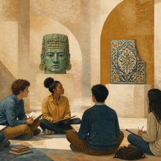 illustration of students sitting in a circle in an archaeology museum