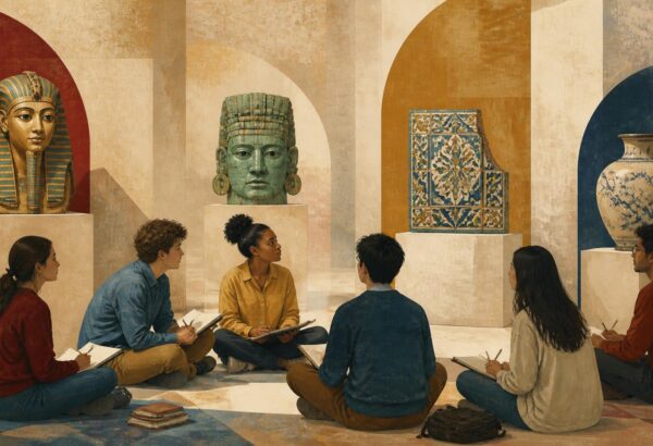 illustration of students sitting in a circle in an archaeology museum